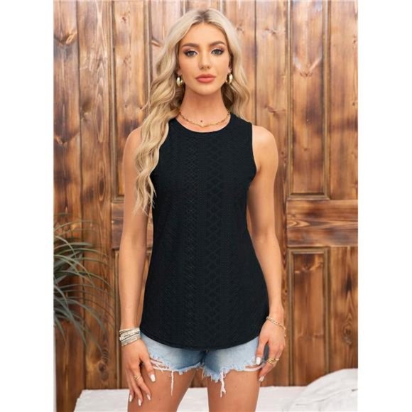 Womens Tank Tops Eyelet Embroidery Summer Sleeveless High Neck Loose Flowy Shirt - Picture 2 of 7